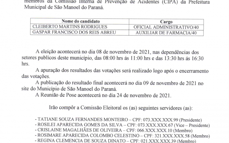 Divulgação de candidatos inscritos  CIPA Gestão 2021/2022