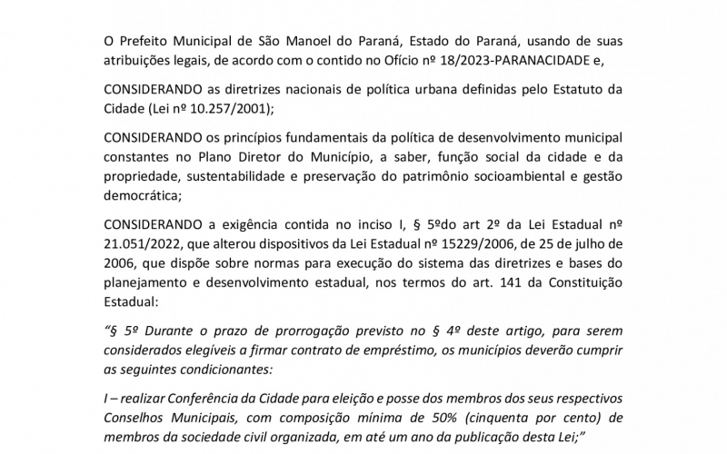 DECRETO DE CONVOCAÇÃO DA CONFERÊNCIA EXTRAORDINÁRIA MUNICIPAL DA CIDADE