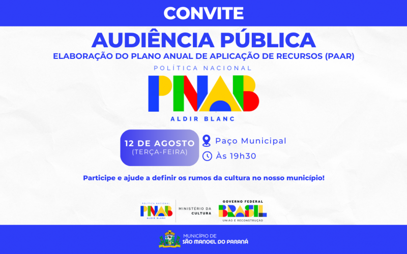 Convite para audiência pública de construção do Plano Anual de Aplicação de Recursos (PAAR) da Política Nacional Aldir Blanc de Fomento à Cultura (PNAB)